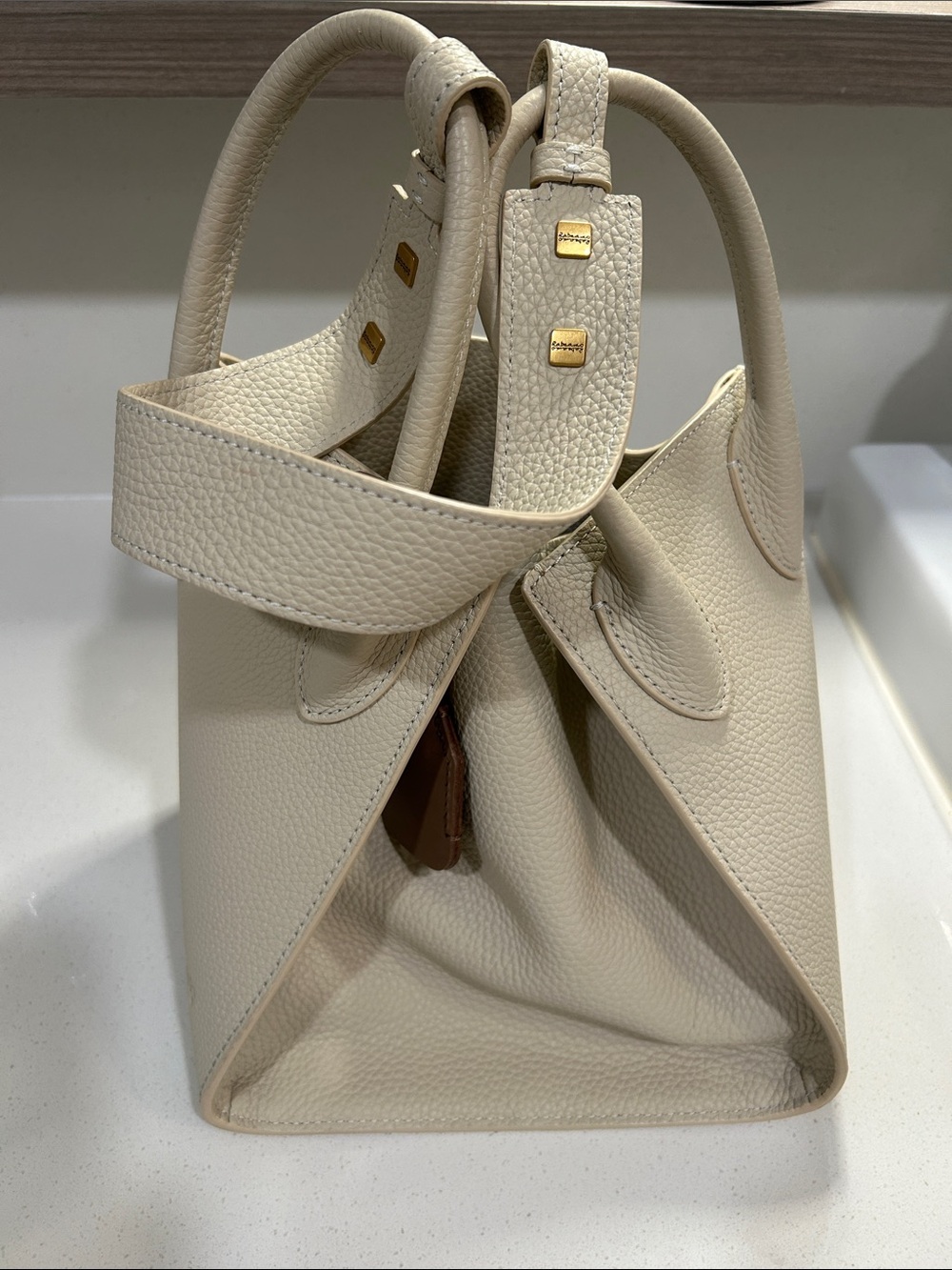 Cream Pebbled Tote with Gold Accents